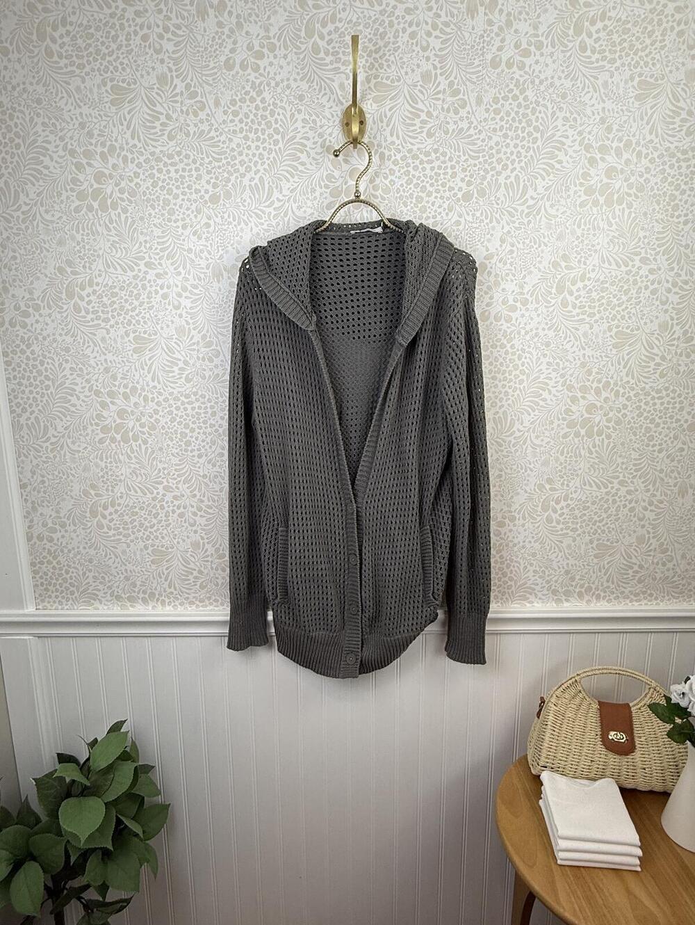 T by Alexander Wang Gray Open-Knit Hooded Zip Cardigan Sweater - Size - Medium